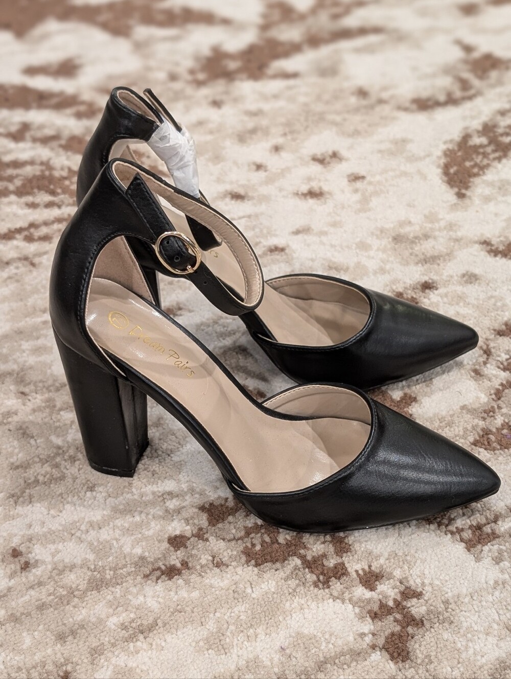 Black Pointed Toe Ankle Strap Block Heel Pumps - Picture 4 of 7